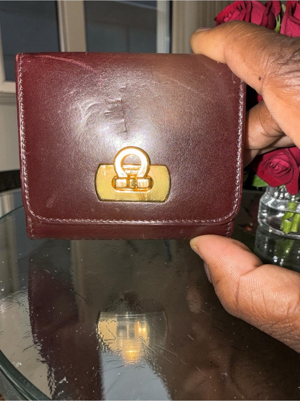 Vintage Salvatore Ferragamo Gancini Leather Compact Wallet Bordeaux Red - Picture 2 of 10
